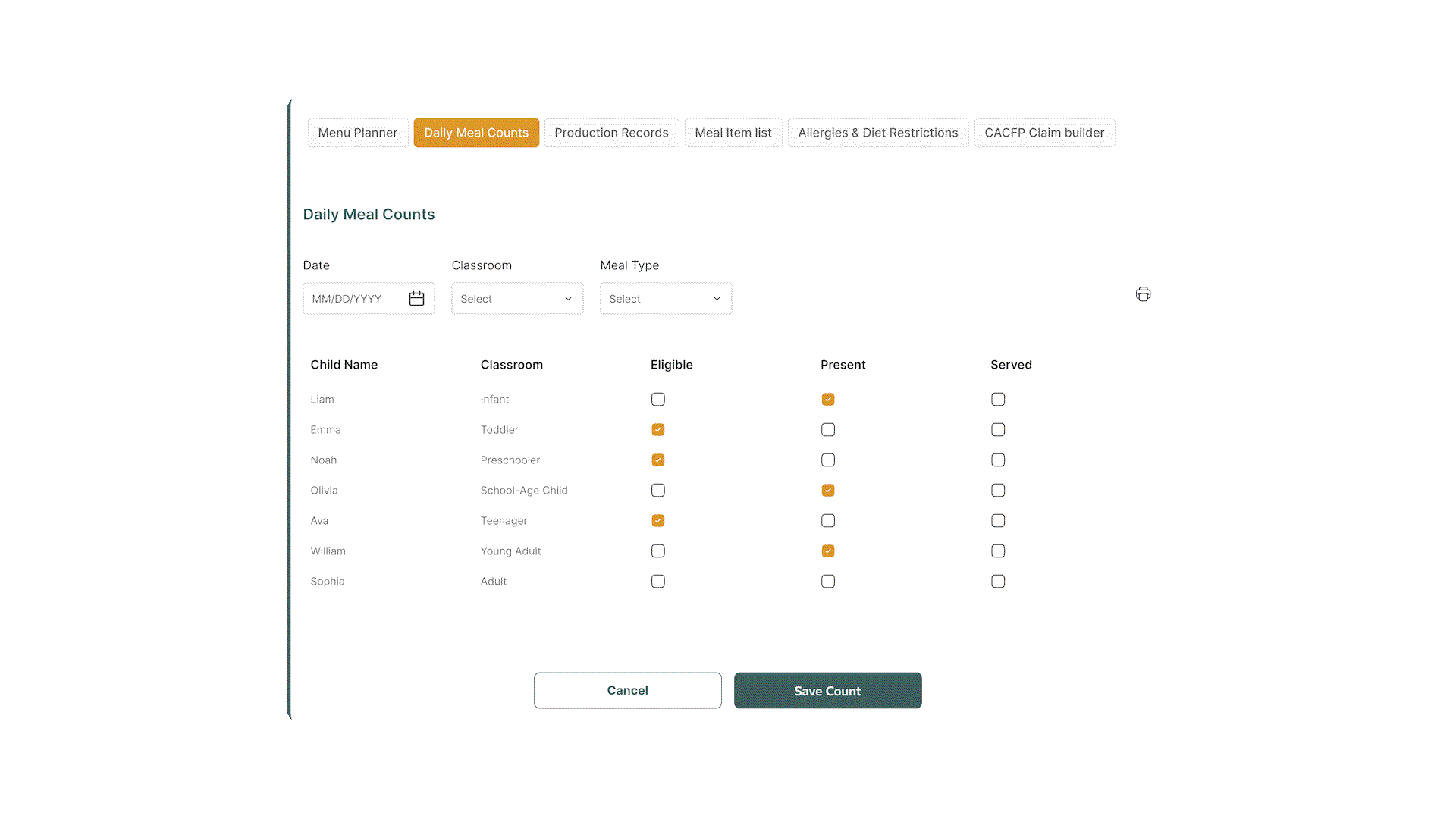 Menu planning and food program documentation